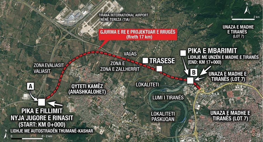 Hyrja veriore e Tiranës ndryshon, rruga e re 17 km do të shmangë Kthesën e Kamzës, harta e plotë